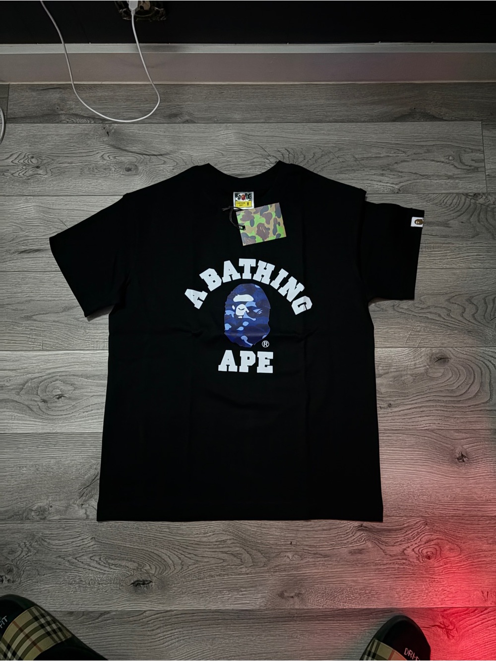 Bape Black Short-Sleeve Logo Tee with Blue Camo Ape